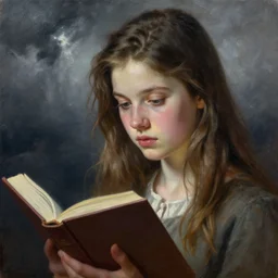 hyperrealistic oil painting of a girl reading a book, realistic shaded perfect face, extremely fine details, realistic shaded lighting, stormy background, artgerm, 8 k ultra realistic, highly detailed, art by christopher balaskas, alphonse mucha, craig mullins, alena aenami, ultra detailed