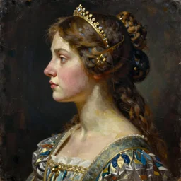 hyperdetailed oil painting of the side profile of a princess, low key photography by greg rutkowski, highly detailed, digital painting, artstation, smooth, sharp focus illustration, artstation hq. intricate, elegant. art by wlop and artgerm and greg rutkowski, alphonse mucha. dan mumford, tomokazu matsuyama, takato yamamoto