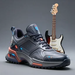 an anthropomorphic cyberpunk futuristic sneaker of miles morales by sandra chevrier, by jon foster, detailed render, cybernetics, 4 k realistic, fender stratocaster, cryengine, realistic shaded lighting, sharp focus, masterpiece, by enki bilal