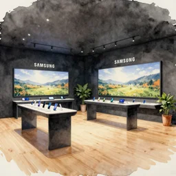 watercolor ink painting, artistic, masterful, atmospheric stylized lighting!!!!!!!!!! ( ( ( ( ( serious grounded balanced muted flagship samsung store, black walls. timber floor. low ceilings with spots. curved furniture, with large digital screen. display tables with phones and tablets, pots with plants, large digital screens on the walls ) ) ) ) )