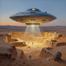 a beautiful painting of an archaeological excavation of a ufo powered with flashing lights, in a desert, ray traced lighting by kalin popov and greg rutkowski