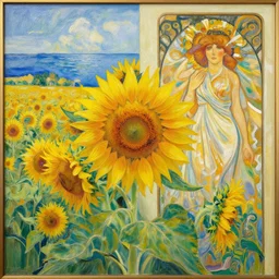 a beautiful painting of the sea of sunflowerby krenz cushart and mucha, unreal engine, 8 k