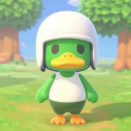green duck villager in animal crossing wearing a white helmet