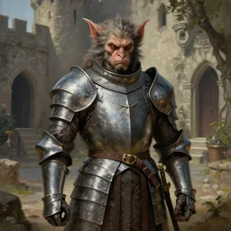 iconic oil painting, a serious troubled kobold paladin, as a dnd character, metal plate armour, inside a castle courtyard, cottagecore, highly detailed, digital illustration, concept art, smooth, sharp focus, art by tim hildebrandt, and greg hildebrandt