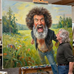 photo of old!!!!!!!!!!!!!!!!!!! bold bob ross frustrated and angry and yelling!!!!!!!!!!!!!!! at a huge painting of nature!!!!!!!!!! by bob ross, grey hairs, masterpiece, trending on artstation