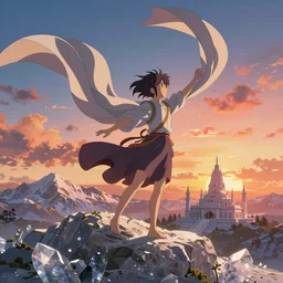 Himalayan in a crystallized temple, beautiful flowing fabric, sunset, dramatic angle, dynamic pose, 8k hdr pixiv dslr photo by Makoto Shinkai ilya kuvshinov and Wojtek Fus