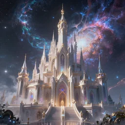a beautiful celestial castle outside of time and space, dreamy, ethereal, eternity, the universe, cosmic, majestic, interstellar, iridescent sky, vibrant, nebula, digital art, airbrush, intricate, epic, depth, artstation, highly detailed, octane render, vray, 8k, super wide angle