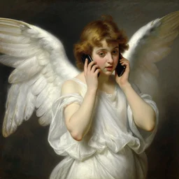 an oil painting of an angel talking with an iPhone close to her ear, by Bouguereau, highly realistic and intricate