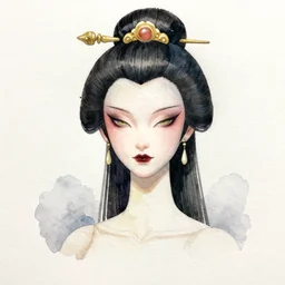 watercolor painting of avant - garde portrait of an asian bjd geisha vampire queen with a long neck in a victorian red dress painted by yoshitaka amano, tom bagshaw, ayami kojima, intricate detail, artstation, artgerm, in the style of dark - fantasy, rococo, gold leaf art