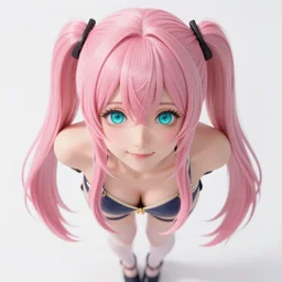 stunningly beautiful omnipotent megalomaniacal anime goddess who looks like junko enoshima with symmetrical perfect face and porcelain skin, pink twintail hair and mesmerizing cyan eyes, looking down upon the viewer and taking control while smiling in a mischievous way, mid view from below her feet, hyperdetailed, unreal engine 5, octane render, 8 k