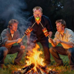 a painting of nigel farage being spitroasted by two men over a fire with an apple in his mouth, digital art