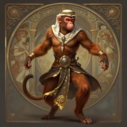 full body photograph of a male anthropomorphic monkey man fursona arabian dancer, deep focus, intricate, elegant, highly detailed, digital painting, artstation, concept art, matte, sharp focus, illustration, d & d, fantasy, hearthstone, art by artgerm and greg rutkowski and alphonse mucha