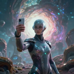 interdimensional cosmic traveler takes a 👍 selfie in front of a bizarre exotic anomaly. futuristic alien smooth exosuit. octane cg render, hdr, volumetric, beeple.