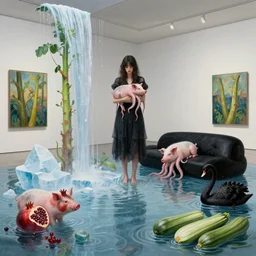 dripping, painting of a flooded modern art gallery and a tall emo girl, wasabi plants, art gallery interior, pig, courgette, waterfall, black lounge, sensual, organic, icebergs, pomegranates, holding a pig, octopus, zen, black swans, courgettes, berries, surrealist, by magritte and monet