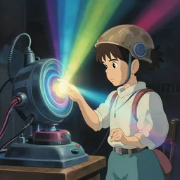 a dream machine conncted to a boy with a helmet and electric cable with colorfull rays of light illuminate the environment by vanessa morales, studio ghibli,