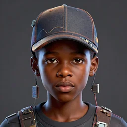 caricature - vfx art - portrait of a nigerian boy wearing a baseball cap with wires and computer chips dangling from inside, art style by james jean & hsiao - ron cheng, character concept art, digital illustration, colourful, sharp, intricate detail, volumetric light, ray tracing, symmetric, unreal engine render, behance, artstation, pinterest,
