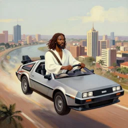 african jesus jesus driving a hovering delorean over lagos city, art style by ernie barnes,