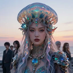 photographic portrait of a stunningly beautiful oceanpunk, empress queen wearing intricate precious opalescent sentient jellyfish crown, in soft dreamy light at sunset, by yoshitaka amano, edward robert hughes, annie leibovitz, yoji shinkawa, steve mccurry, david lazar, jimmy nelsson, breathtaking, 8 k resolution, extremely detailed, beautiful, establishing shot, artistic, hyperrealistic, beautiful face, octane render