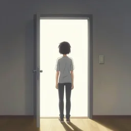 a person standing in a room with a door open, an anime drawing by makoto shinkai, cgsociety, postminimalism, anime aesthetic, anime, official art h - 7 6 8