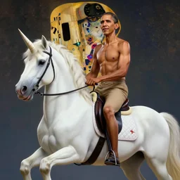obama riding on a unicorn, au naturel, hyper detailed, digital art, trending in artstation, cinematic lighting, studio quality, smooth render, unreal engine 5 rendered, octane rendered, art style by klimt and nixeu and ian sprigger and wlop and krenz cushart.