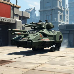 hovering battle tank armed with cannons, parked in front of a command station, gta v, stephen bliss, unreal engine, fantasy art, greg rutkowski, loish, rhads, ferdinand knab, makoto shinkai, lois van baarle, ilya kuvshinov, rossdraws, tom bagshaw, global illumination, radiant light, detailed and intricate