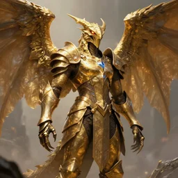 humanoid reptile wearing fantasy golden armor, and giant wings, ultra detailed, by Tomasz Alen Kopera and greg rutkowski