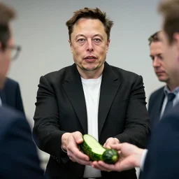 a full portrait of elon musk, he presents a cucumber to his employees, f / 2 2, 3 5 mm, 2 7 0 0 k, lighting, perfect faces, award winning photography.