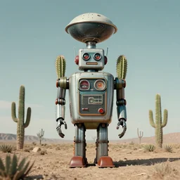 WIDE shot of a 1950s retro cactus robot, with space above the head. Bionic Arms and eyes. pop surrealism, muted colours. by Jean-Baptiste Monge, wide shot