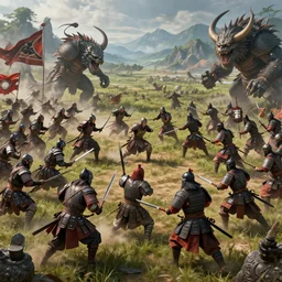 total war shogun 2 screenshot of an epic battle between chibis and monsters