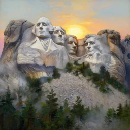 single mount rushmore  covered with fog in lake in jungle with  backlight , sunset  oil painting panorama by  frazetta