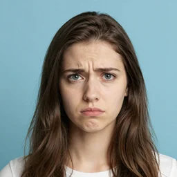 stock photo of a confused 20-year-old woman on a blue background, minimalist, close up, studio lighting, detailed, photography, 82 mm sigma art