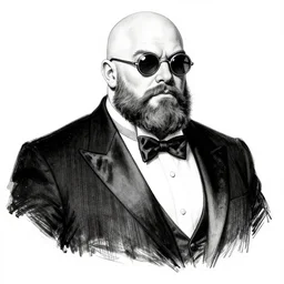 a bald bearded burly man in a tuxedo, monocle, character portrait, ink drawing, black and white, concept art by tim bradstreet