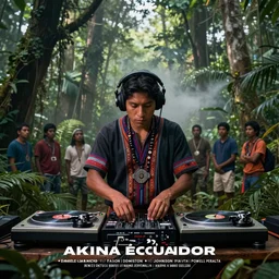 an indigenous ecuadorian huaorani dj young man with headphones deejing with technics sl - 1 2 0 0 m 7 ley turntables in the jungle, poster art by daniele caruso, benediktus budi, jason edmiston, vc johnson, powell peralta, volumetric light, foggy ambience