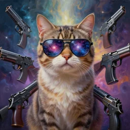 hyperrealistic painting of a cat with galaxy glasses, surrounded by realistic guns, abstract background, mystical light 8 k octane render, unreal engine, highly detailed, trending on art station