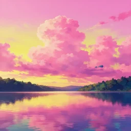 beautiful lake, pink anime sky clouds backlit by yellow,, high contrast, vibrant colors, vivid colors, high saturation, fantasy, artwork, aesthetic, calming, very beautiful scenery, hd, hdr, ue 5, ue 6, unreal engine 5, cinematic, 4 k wallpaper, 8 k ultra, by greg rutkowski and jesper ejsing and raymond swanland and alena aenami, featured on artstation, wide angle
