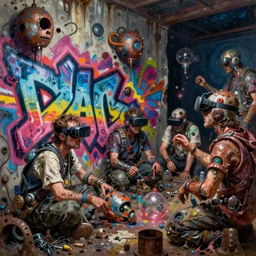 junky men making huge graffiti, cybertronic gadgets and vr helmet, flesh + technology, durty colours, night, rotten textures, rusty shapes, biotechnology, norman rockwell, tim hildebrandt, wayne barlow, bruce pennington, larry elmore, oil on canvas, deep depth field, masterpiece, cinematic composition, hyper - detailed, hd, hdr