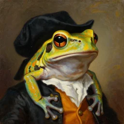 a head and shoulders portrait painting of an anthropomorphic!!!!!!!!!! amazon milk frog!!!!!!!!!! wearing a colonial outfit without a hat looking off camera, a character portrait, romanticism, oil on canvas, visible brushstrokes, intense color