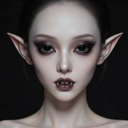 a creepy horror portrait, dark background, beautiful horror girl, short neck, professionally retouched, soft lighting, realistic, smooth face, black alien eyes, pointed elf ears, pointed big teeth, wide angle, sharp focus on the eyes, 8 k high definition, insanely detailed, intricate, elegant, beautiful, art by artgerm and wlop
