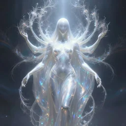 faceless, shrouded figure, powerful being, plant spirit, fractal entity, spirit guide, light being, pearlescent, shiny, glowing, ascending, chromatic aberration, prismatic, weird, odd, surreal, smooth, shaman, symmetry
