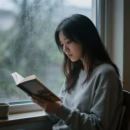 lofi hiphop girl reading by the window on a rainy day