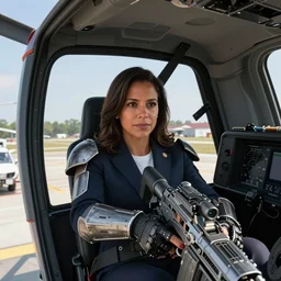 Alexandria Ocasio-Cortez piloting Metal Gear from Metal Gear Solid at CPAC, view from a news helicopter, high definition game screenshot, 8K resolution