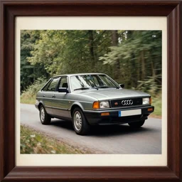 stained old picture of an Audi 80 B4 driving in the forest at daytime, photography, framed