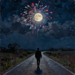 a man walking alone under the night sky, the moon lit up with coloured fireworks, cutting down dark clouds, dim starlight, endless long roads, wilderness, oil on canvas, art by constable, highly detailed, 4 k - n 4