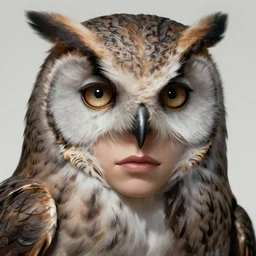 half human half owl woman warrior, hyper realistic face, beautiful eyes, fantasy art, in the style of greg rutkowski, intricate, hyper detailed, smooth
