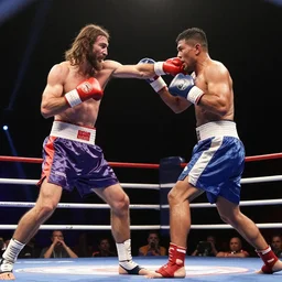 jesus christ fighting gautama buddha in a boxing match. live action