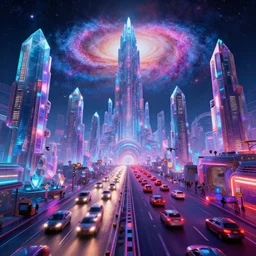 galaxy eclipse over ancient futuristic crystal city, infinite traffic blur, synthwave, bright neon colors, highly detailed, cinematic, tim white, vladimir kush, philippe druillet, roger dean, bob eggleton, michael whelan, tetsuro kimura, alfred kelsner, kubrick, jaroslaw jasnikowski