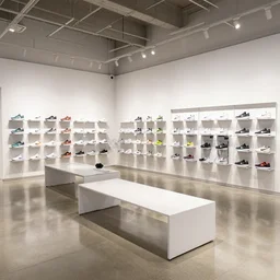 1 8 mm photograph atmospheric, realistic lighting, reflections, large nike boutique flagship retail. white walls. polished concrete floor. display tables with shoes and clothes. low ceilings with downlights and spots. white corian and oak furniture. large digital screens on walls. verdant plants