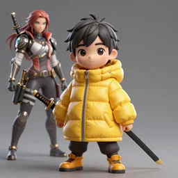 a tiny combat kid wearing a puffy yellow jacket and a katana, smooth, intricate, elegant, digital painting, artstation, concept art, sharp focus, octane render, illustration, art by ayami kojima, apex legends character,