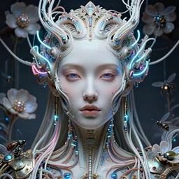very beautiful woman integrating with technology, full face frontal centered, portrait, insipiring, detailed intricate symmetrical ornate neon cables connected to head, very detailed eyes, clear lips, luxurious detailed abundent wiring and implants, porcelain, renaissance, sci - fi, detailed technology background with cyber flowers and insects, dramatic lighting, photography, highly detailed, artstation, 8 k,