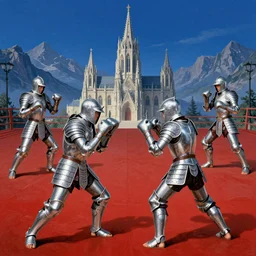 wide angle shot from above of silver ornate armor slim muay thai handsome warriors in battle!!! mountains and giant gothic abbeys in the background, fine detail, 8 k, high contrast color scheme, blue at the background red at the foreground!!!, dynamic perspective, painted movie poster by greg rutkowski and peter mohrbacher